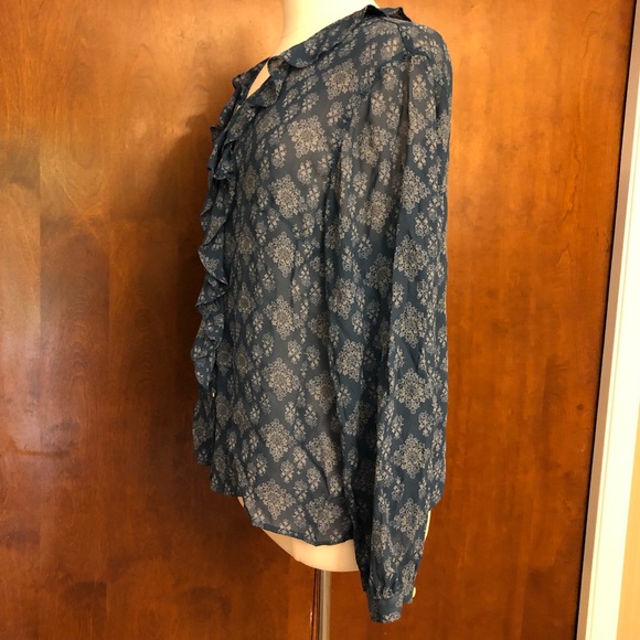 Sheer Front Ruffle Blue Print Blouse - Picture 2 of 6